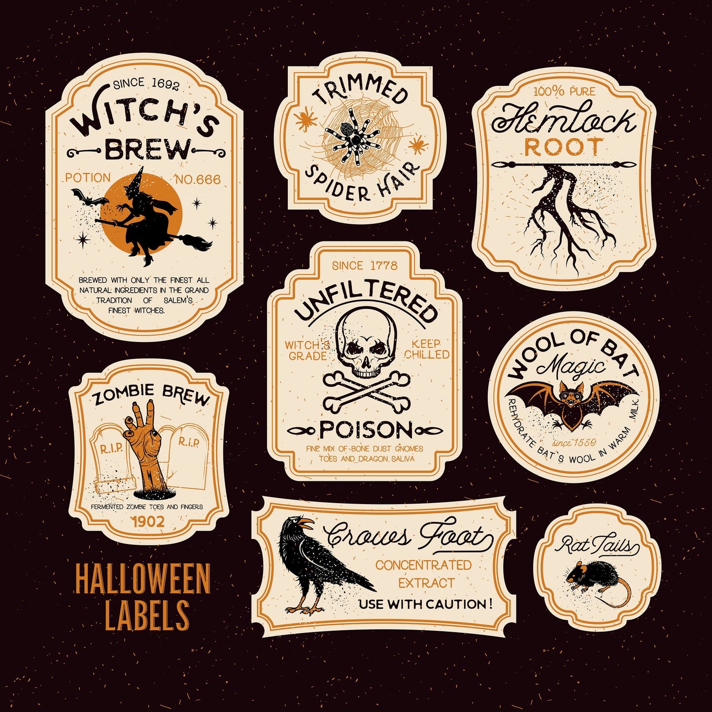 Halloween Bottle Label Stickers Set of 16, Funny & Spooky, Drinks Labels, Halloween Party Witch, Potion, Zombie Brew, Spider, Rat, Bat, Crow