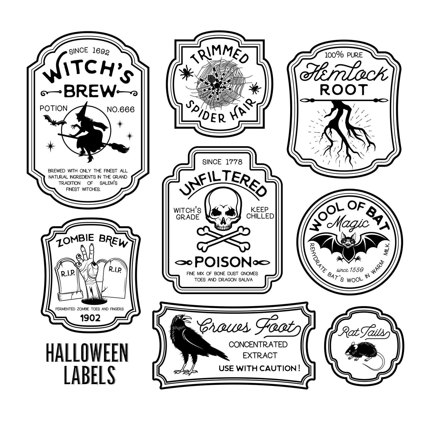 Halloween Bottle Label Stickers Set of 16, Funny & Spooky, Drinks Labels, Halloween Party Witch, Potion, Zombie Brew, Spider, Rat, Bat, Crow