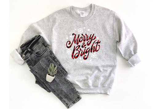 Plaid Merry & Bright Unisex Sweatshirt, Christmas Sweatshirt, Merry Christmas Sweater, Family Christmas, Christmas Gifts, Jolly, Cute, Santa