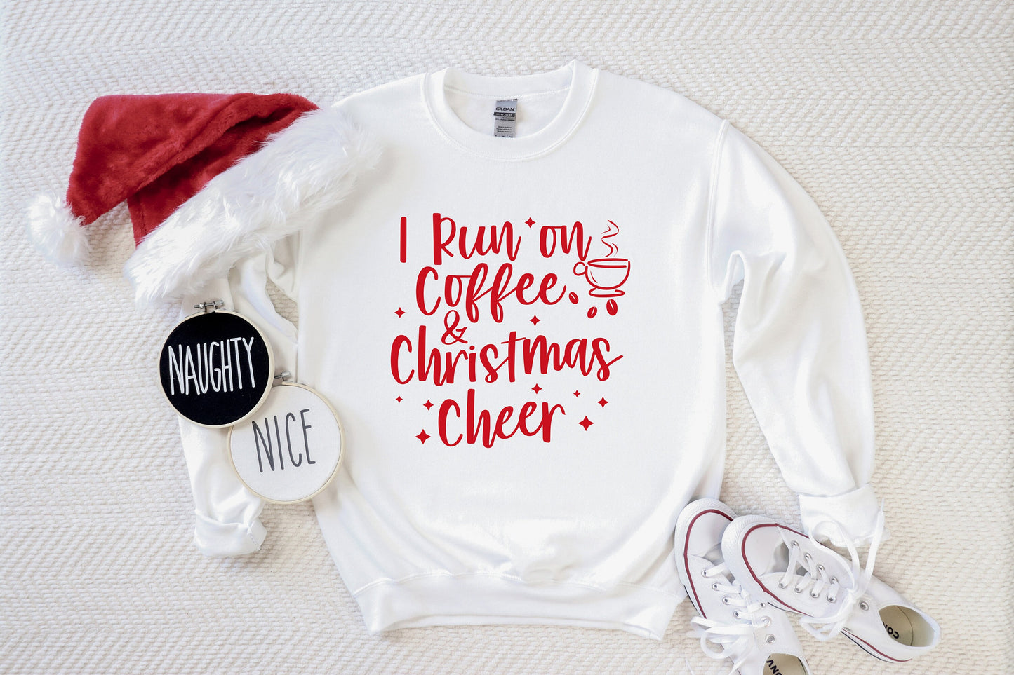 I Ran on Coffee and Christmas Cheer Unisex Sweatshirt, Jolly AF, Christmas Cheer, Christmas Sweater, Christmas Gifts, Jolly, Cute, Santa