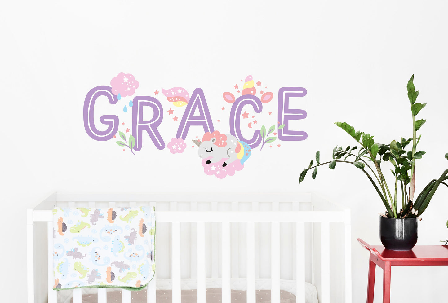 Personalized Name, Wall Decal, Nursery Girl Name Wall Decal ,with Unicorns Rainbows Stars, Your Text, Name and 20 additional decals