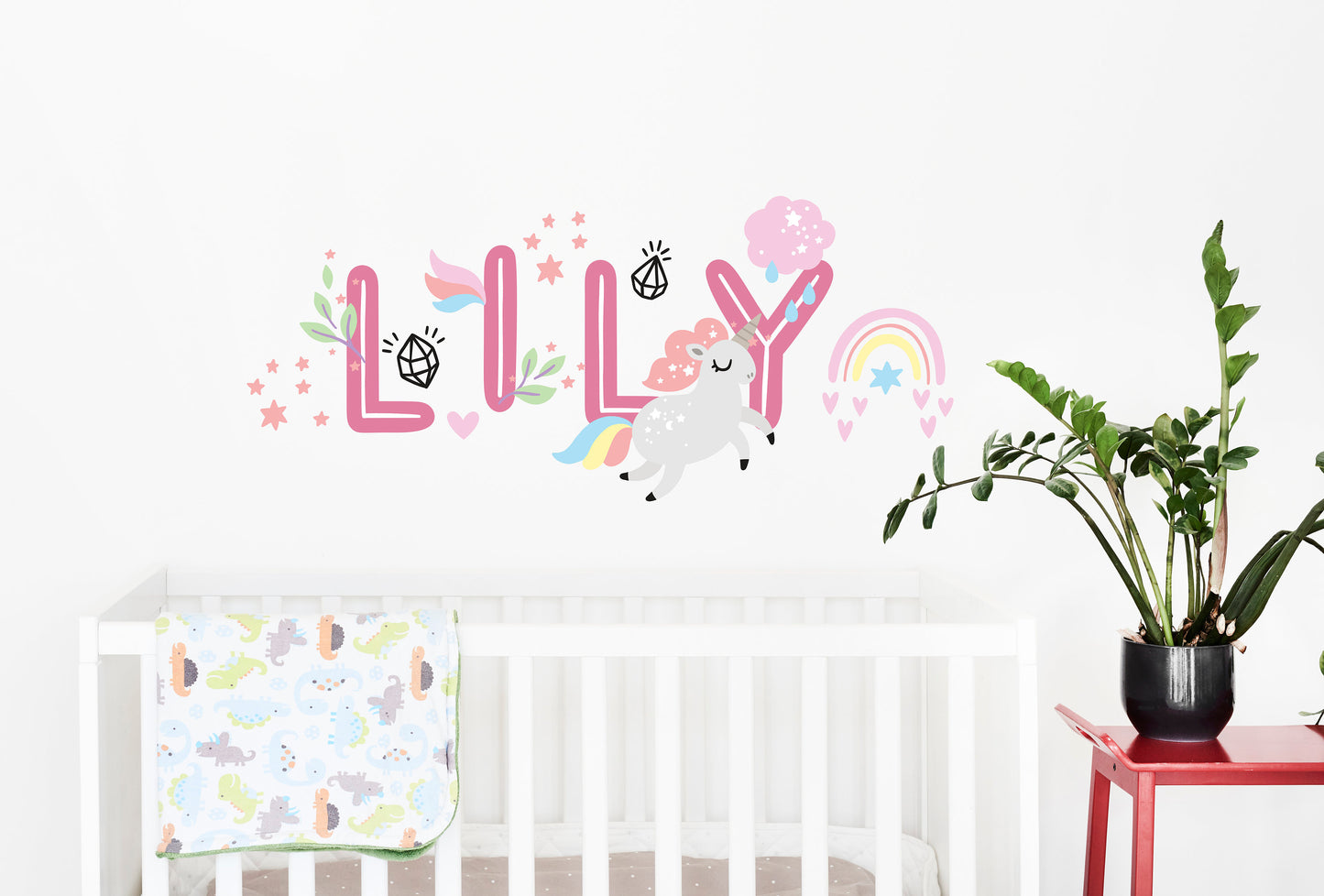 Personalized Name, Wall Decal, Nursery Girl Name Wall Decal ,with Unicorns Rainbows Stars, Your Text, Name and 20 additional decals