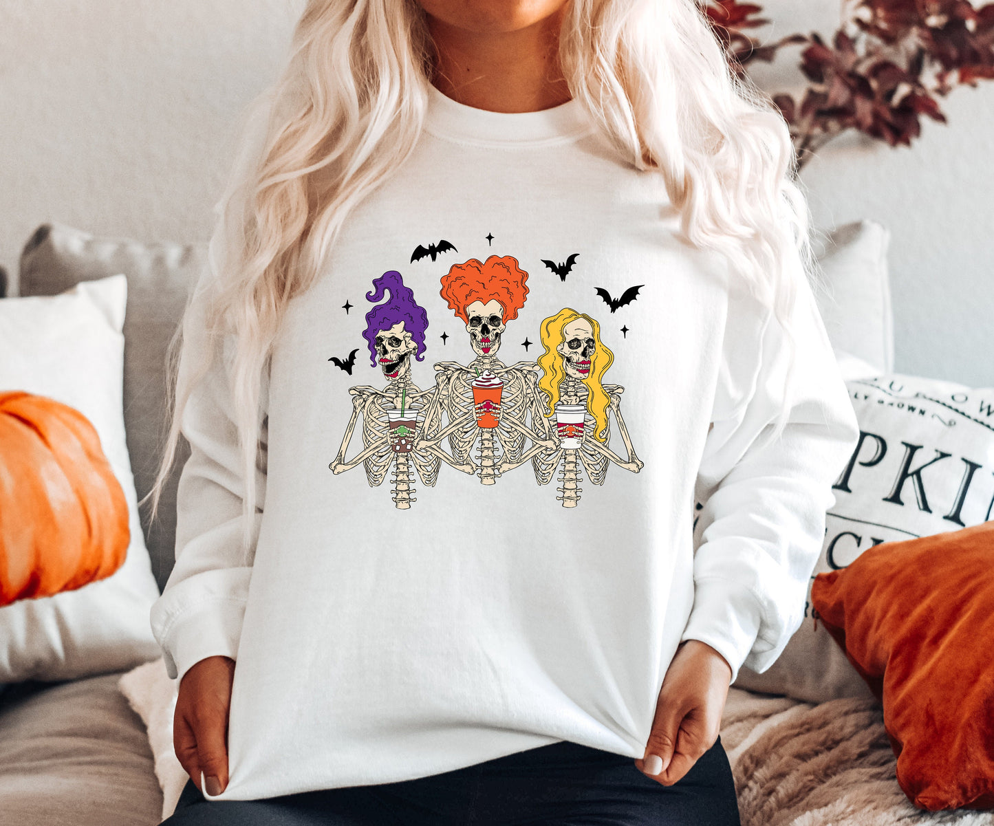 Halloween Sweatshirt, Hocus Pocus Skeleton Sisters, Sanderson Sisters, Fall , Pumpkin Latte, Witches Halloween, Witch Museum, Black Flame