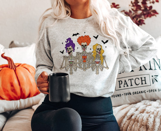 Halloween Sweatshirt, Hocus Pocus Skeleton Sisters, Sanderson Sisters, Fall , Pumpkin Latte, Witches Halloween, Witch Museum, Black Flame